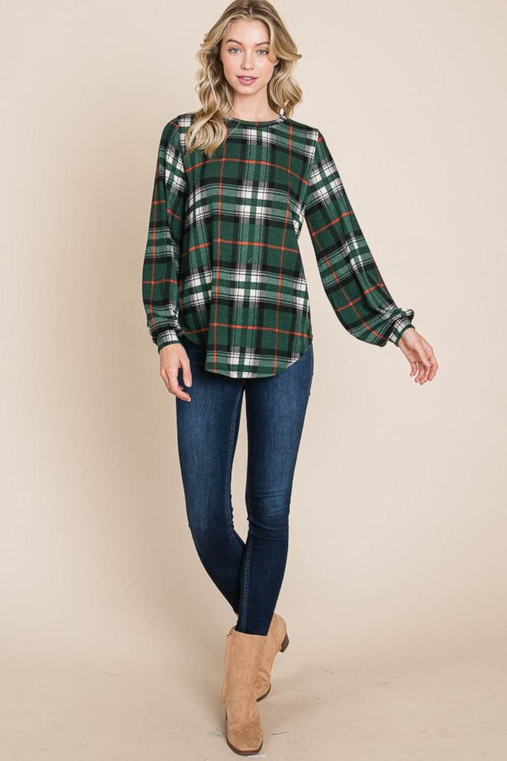 BOMBOM Curved Hem Plaid Round Neck Long Sleeve Top - Delanoir