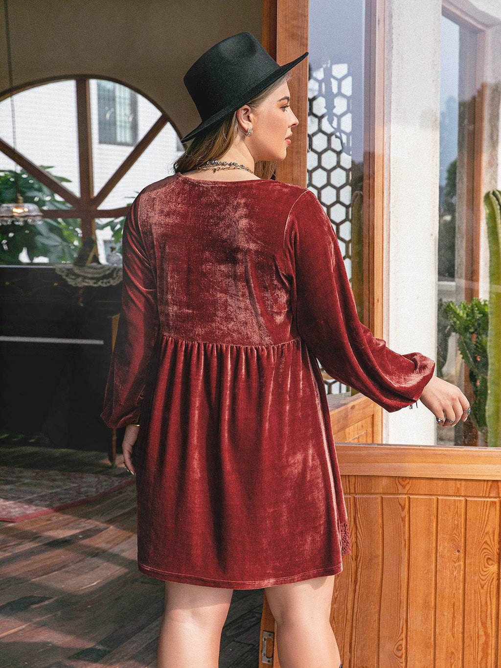 Plus Size Lace Detail V-Neck Long Sleeve Mini Dress - Delanoir