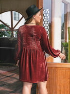 Plus Size Lace Detail V-Neck Long Sleeve Mini Dress - Delanoir