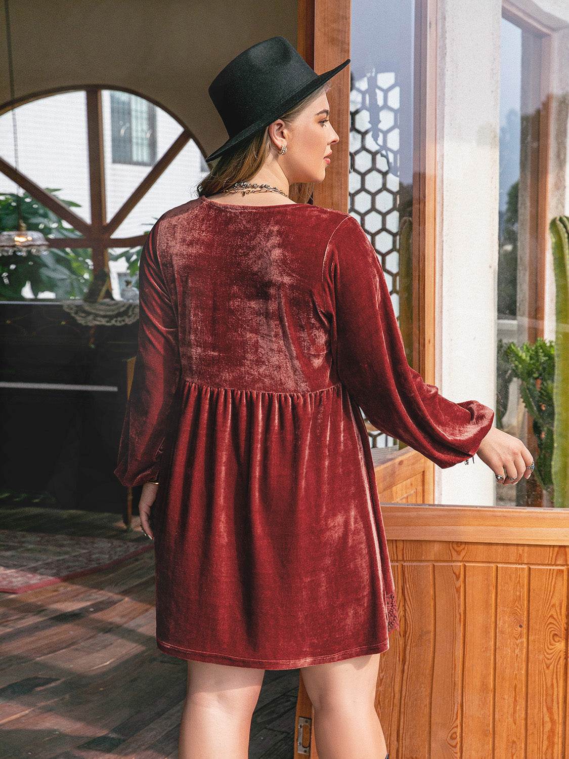 Plus Size Lace Detail V-Neck Long Sleeve Mini Dress - Delanoir