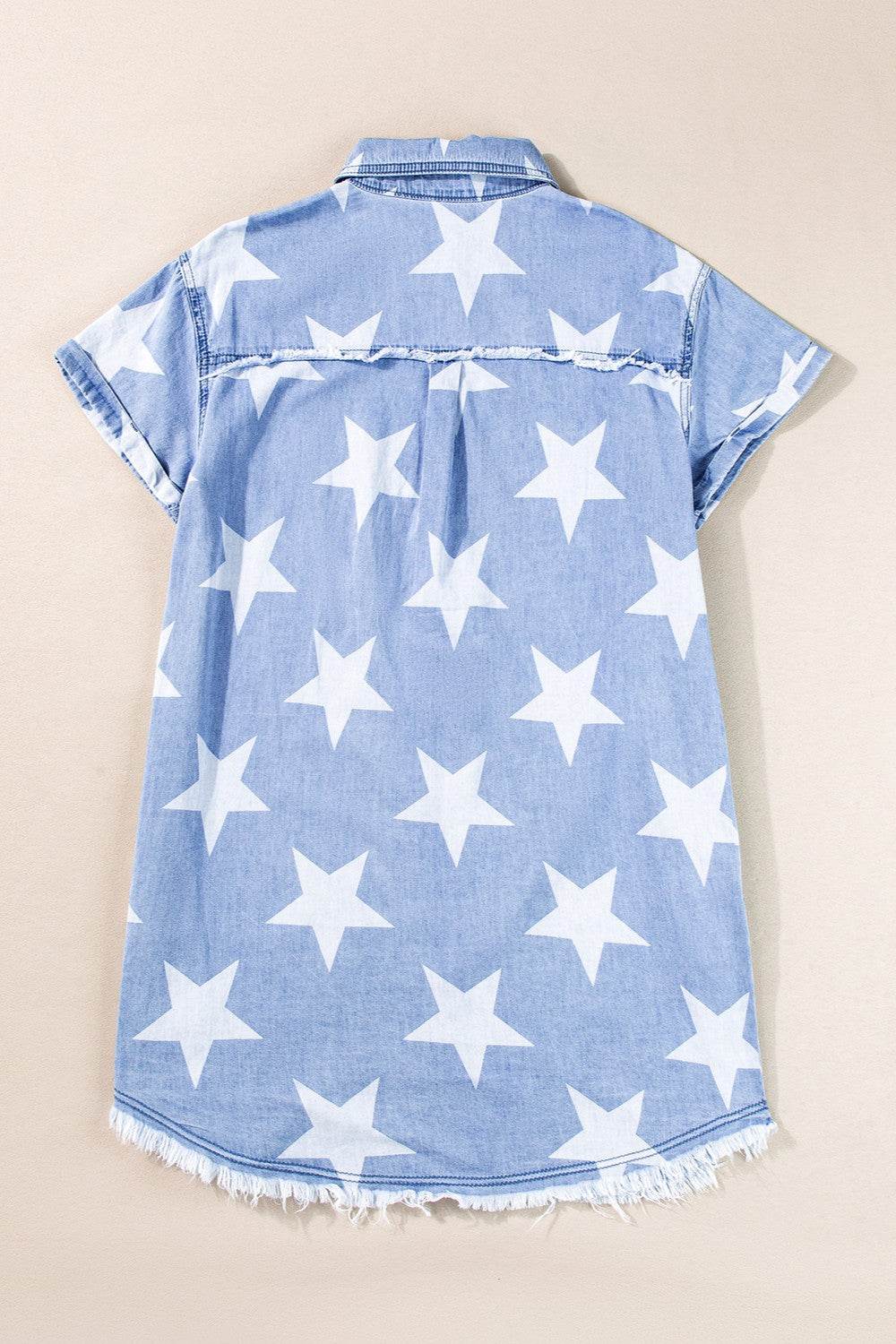 Raw Hem Star Short Sleeve Denim Dress - Delanoir
