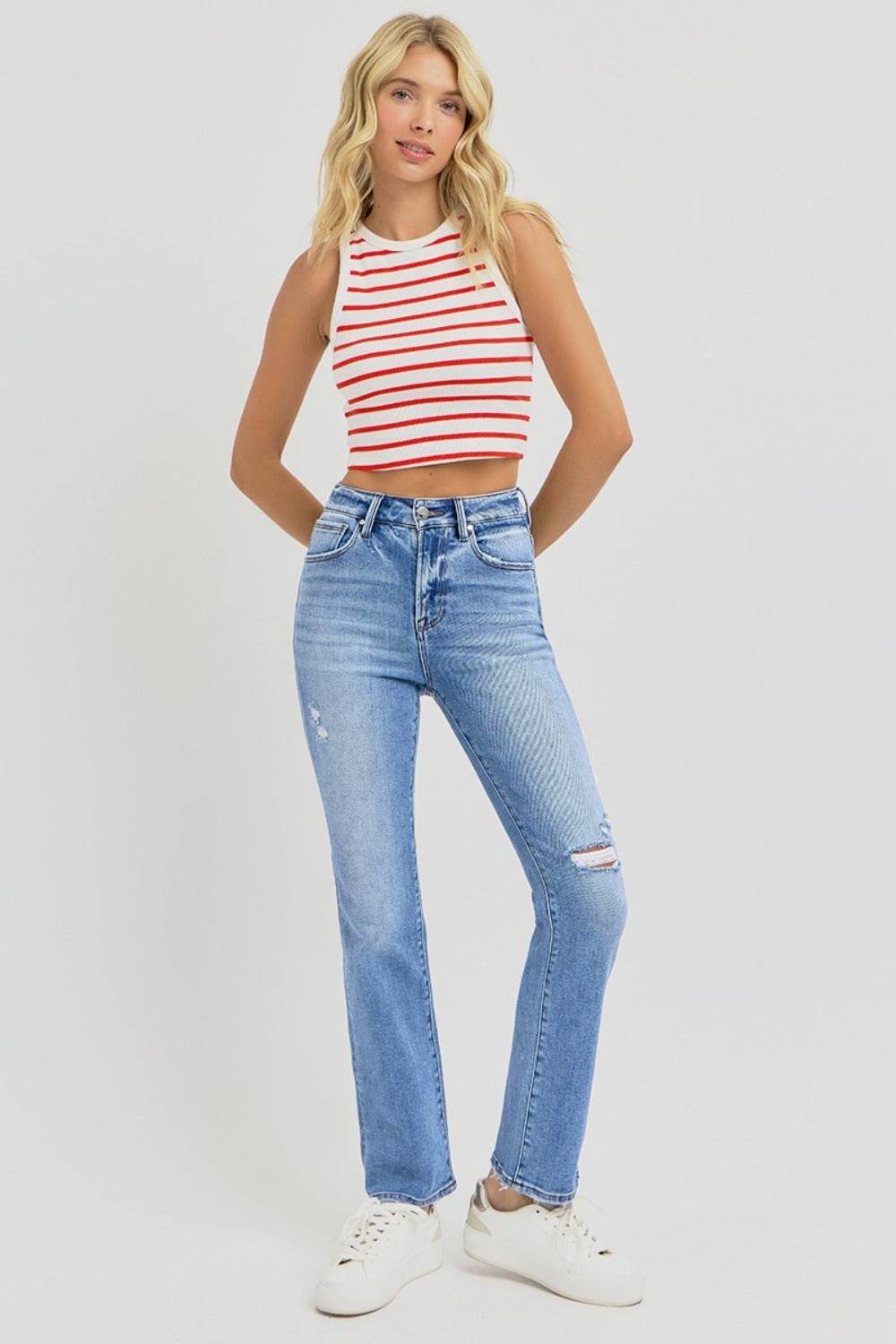 RISEN Full Size Distressed High-Rise Ankle Straight Jeans - Delanoir