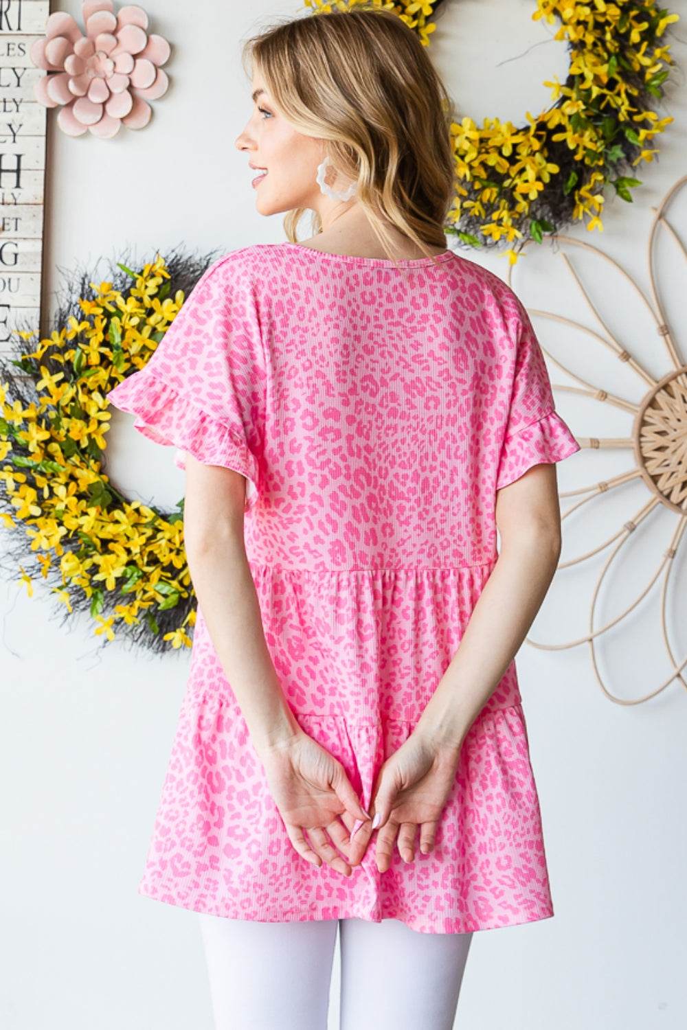 Heimish Full Size Leopard Ruffle Trim Short Sleeve Top - Delanoir