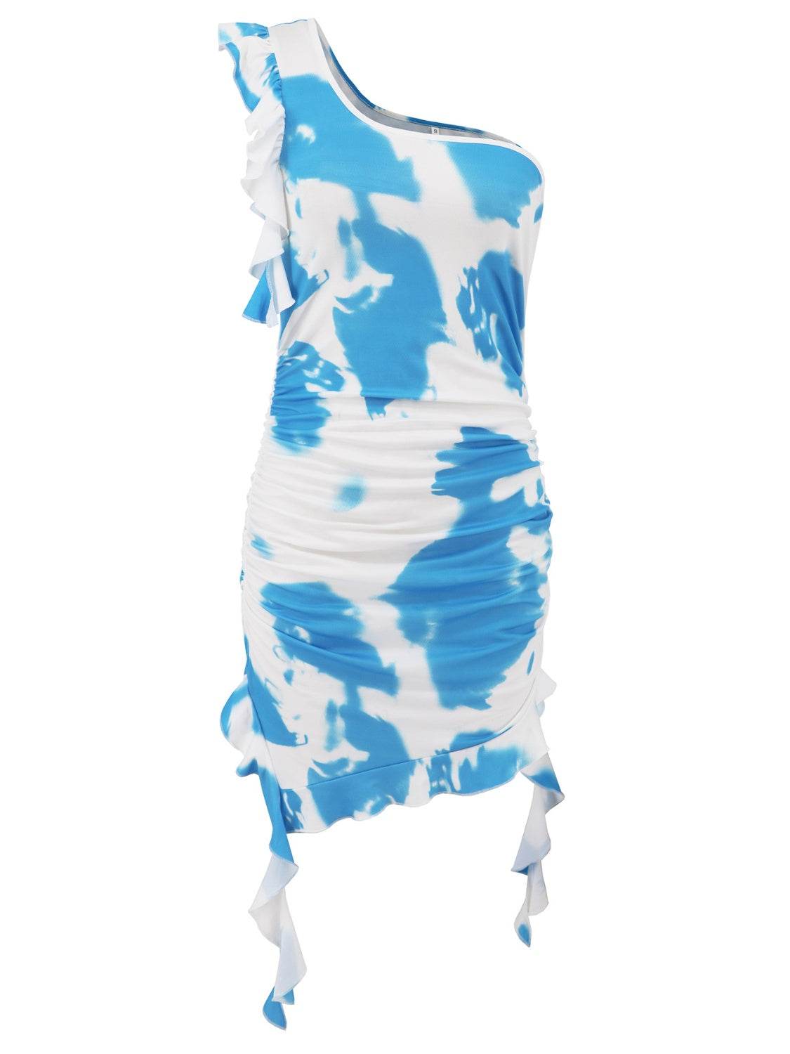Ruffled Tie-Dye Single Shoulder Mini Dress - Delanoir