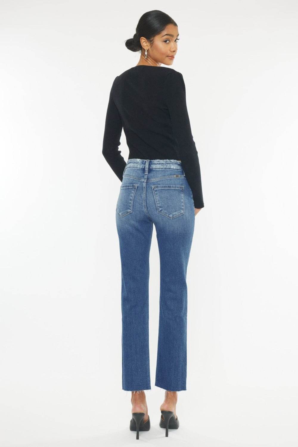 Kancan High Rise Wide Waistband Slim Straight Jeans - Delanoir