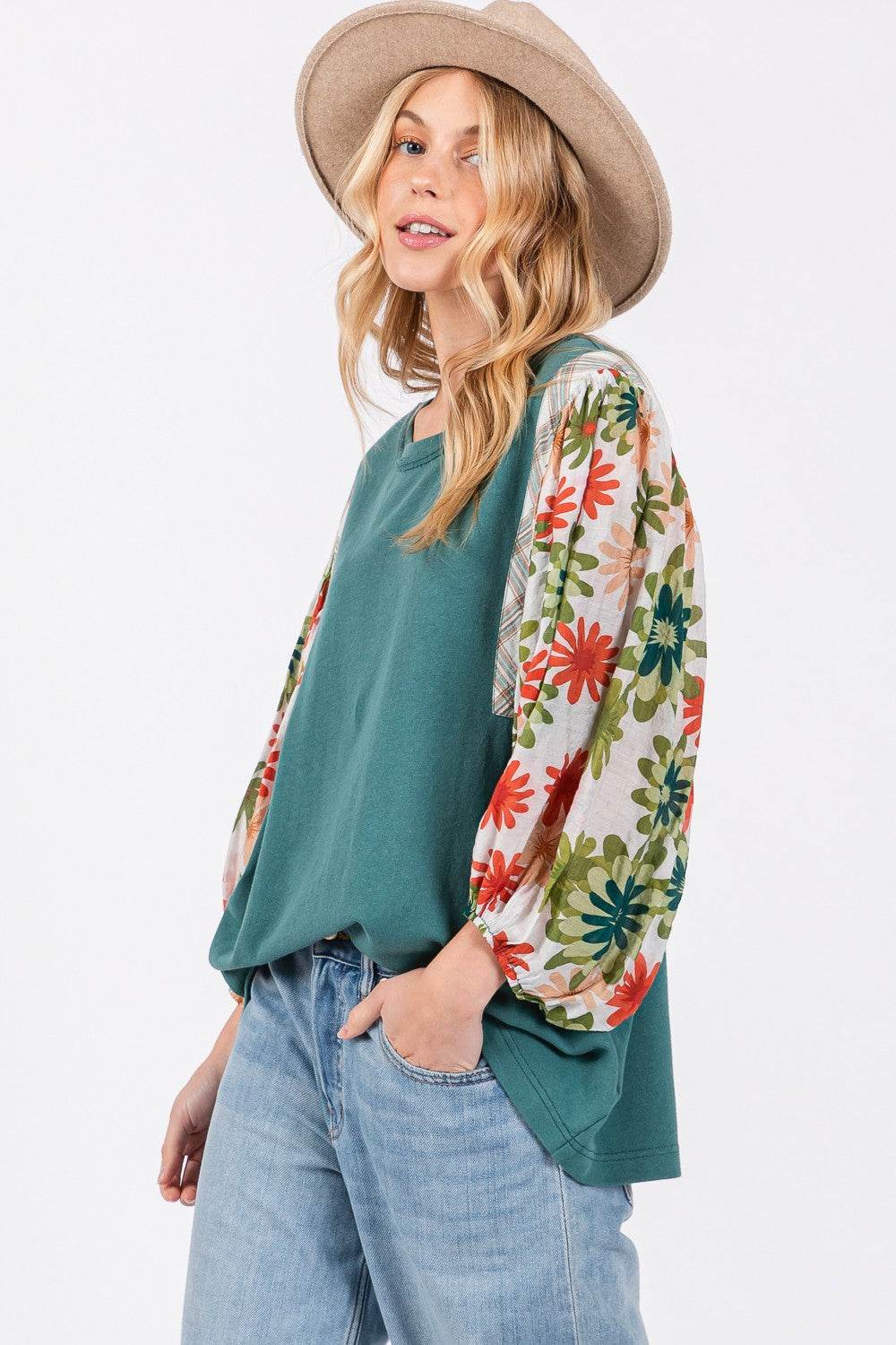 SAGE + FIG Full Size Printed Balloon Sleeve Contrast Top - Delanoir