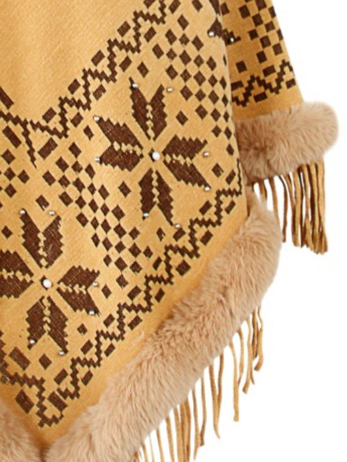 Fringe Geometric Cape Sleeve Poncho - Delanoir