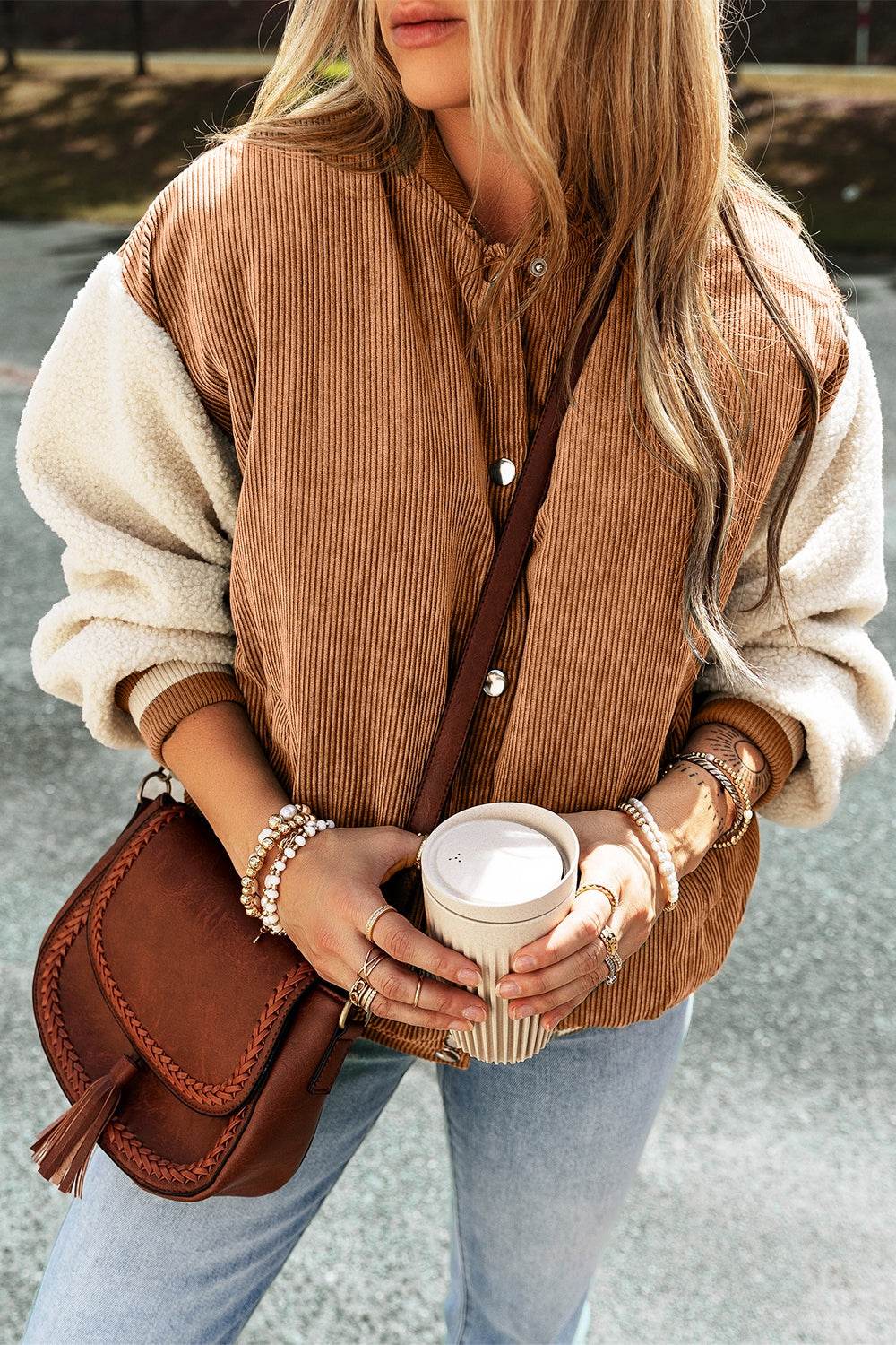 Contrast Baseball Collar Snap Down Long Sleeve Jacket - Delanoir