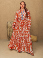 Plus Size Printed Notched Long Sleeve Maxi Dress - Delanoir