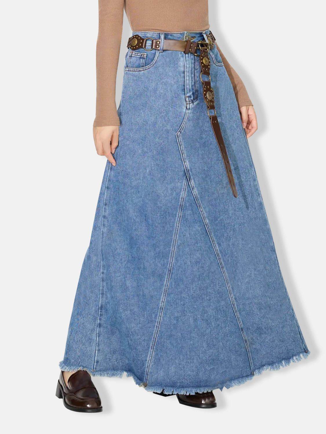 Raw Hem Maxi Denim Skirt - Delanoir