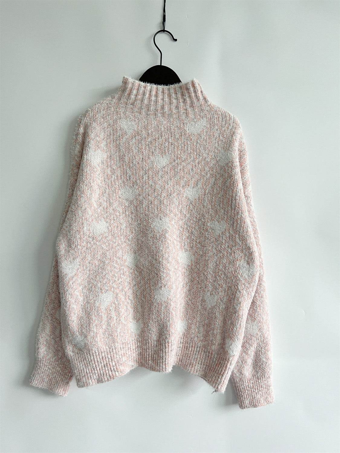 Heart Heathered Turtleneck Drop Shoulder Sweater - Delanoir
