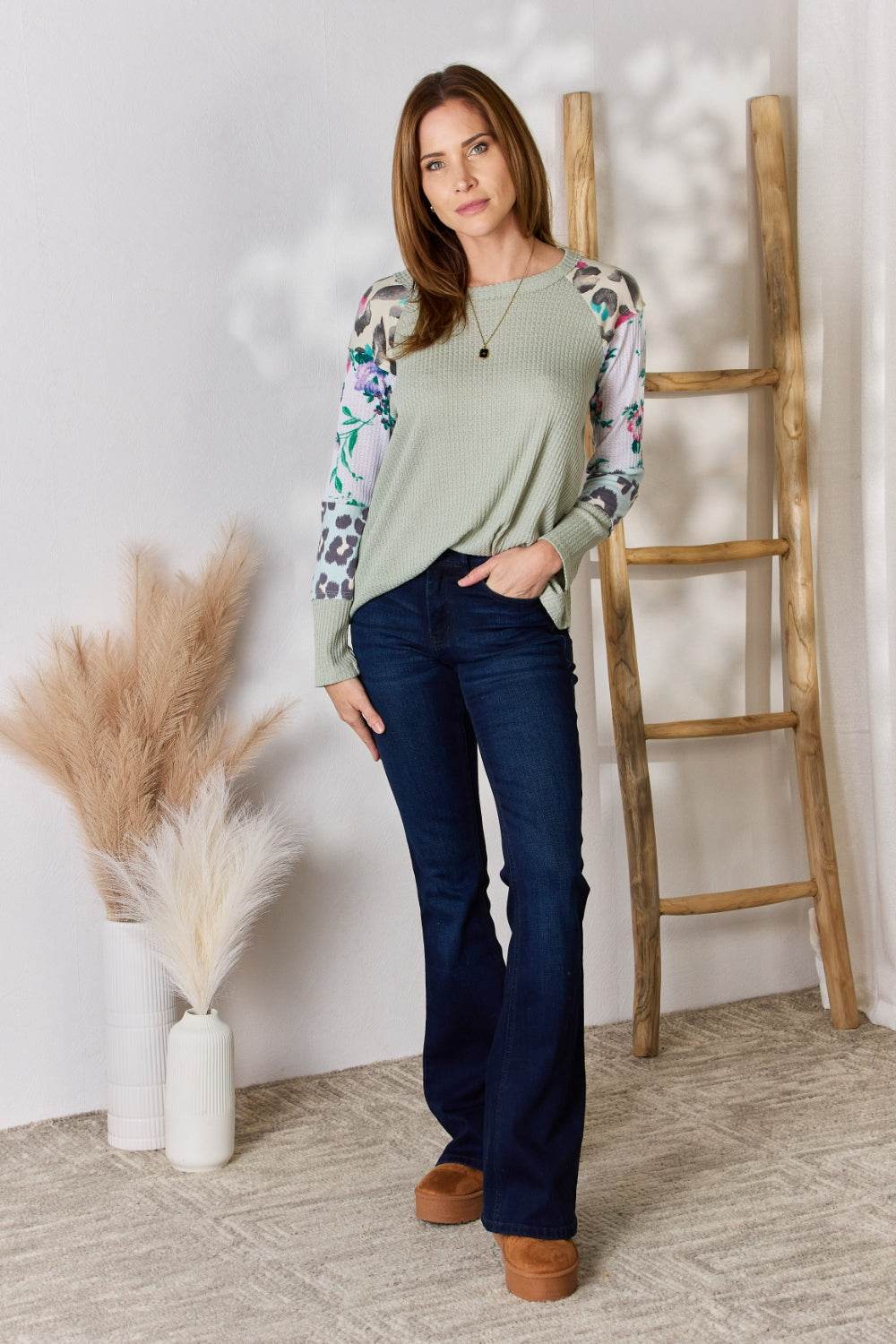 Hailey & Co Full Size Printed Round Neck Blouse - Delanoir