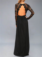 Lace Detail Backless Long Sleeve Maxi Dress - Delanoir