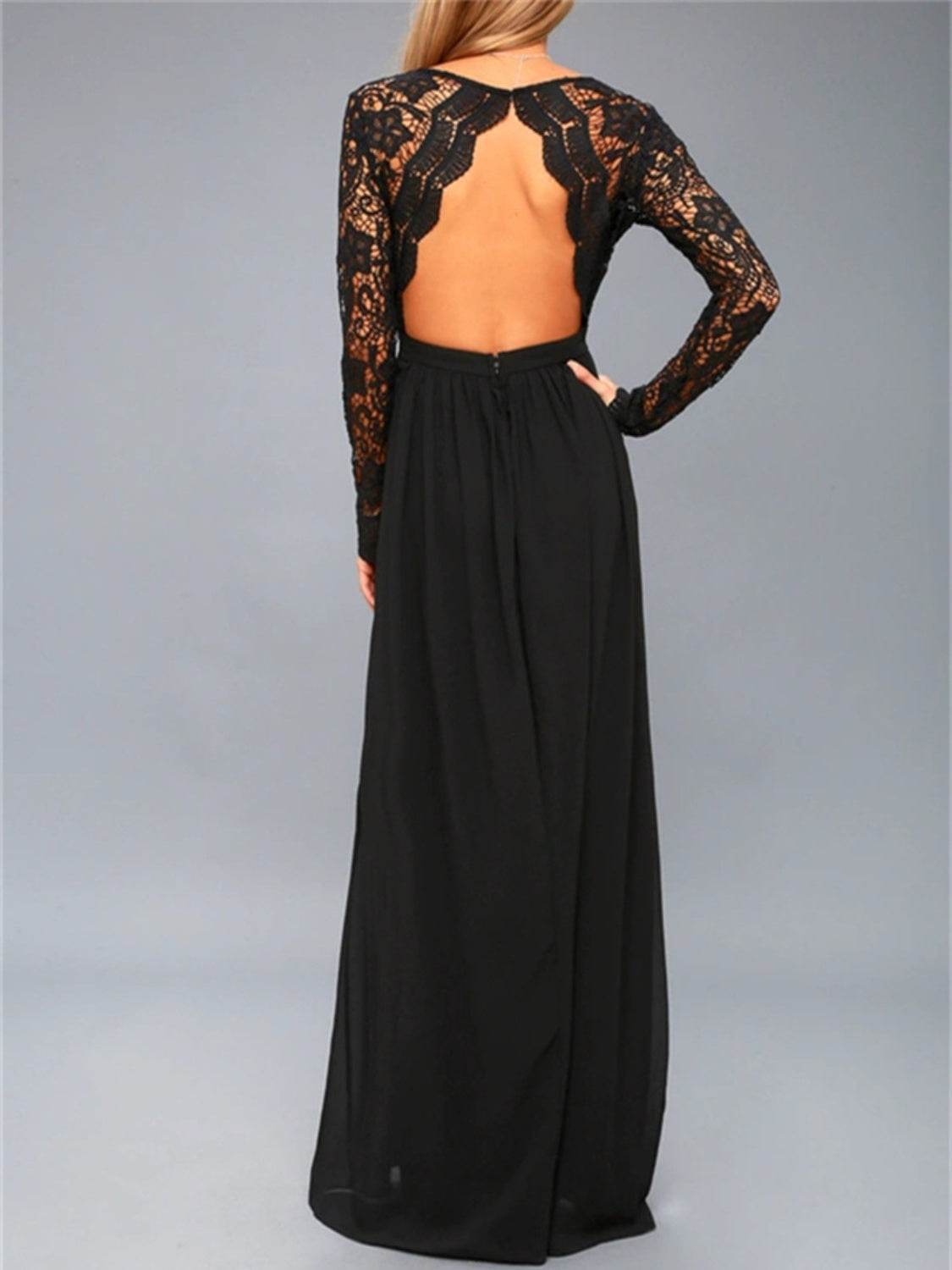 Lace Detail Backless Long Sleeve Maxi Dress - Delanoir
