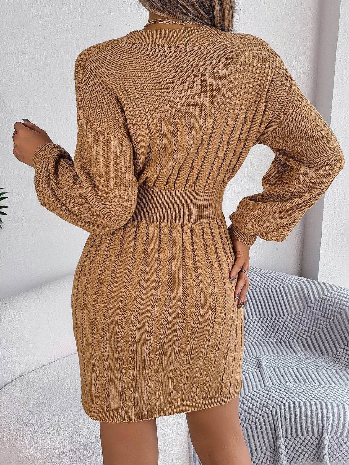 Cable-Knit Cutout Round Neck Slit Sweater Dress - Delanoir