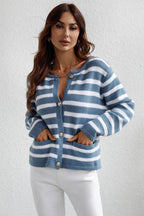 Striped Button Down Long Sleeve Cardigan - Delanoir