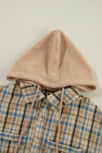 Drawstring Waffle Knit Patchwork Hooded Plaid Shacket - Delanoir