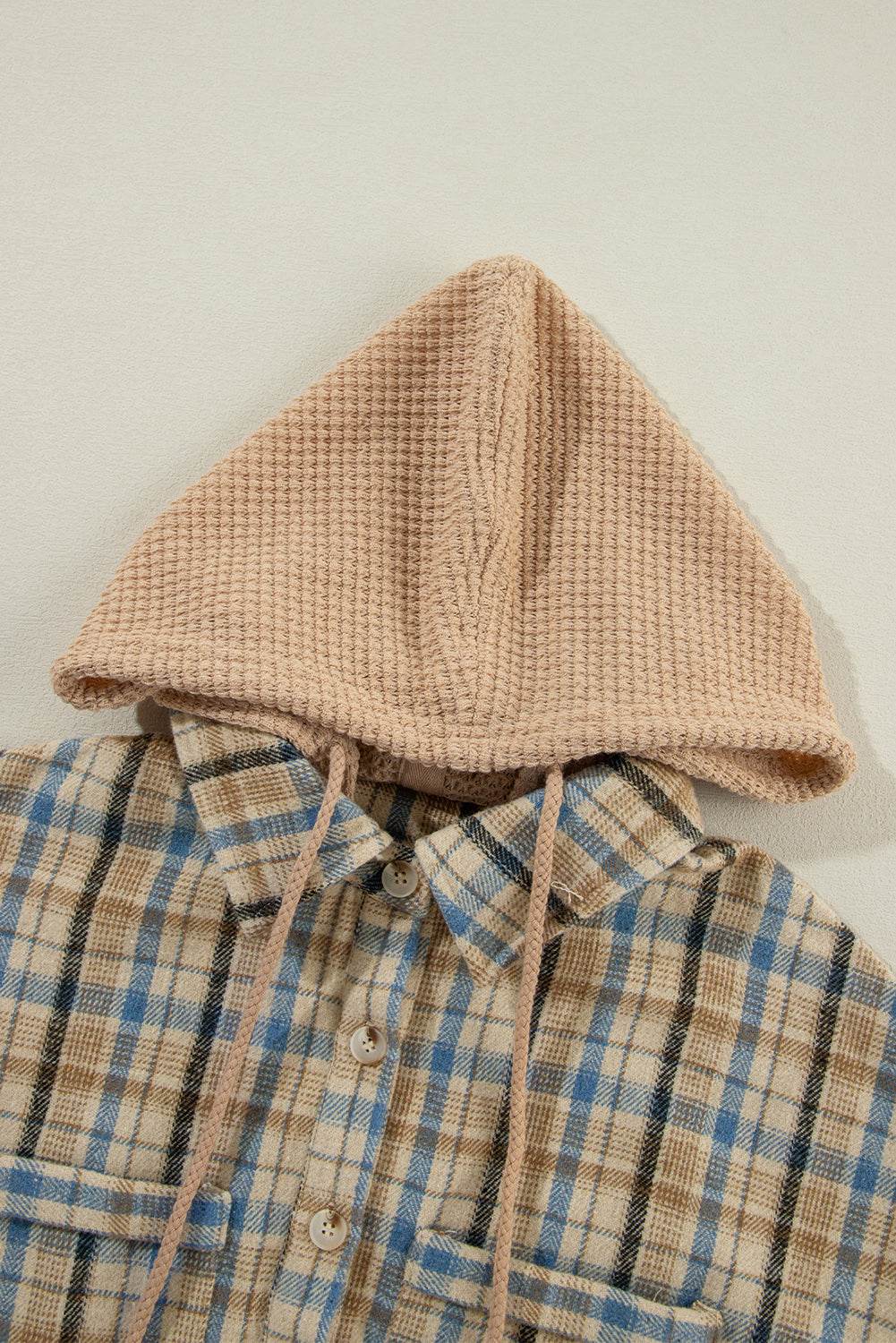 Drawstring Waffle Knit Patchwork Hooded Plaid Shacket - Delanoir