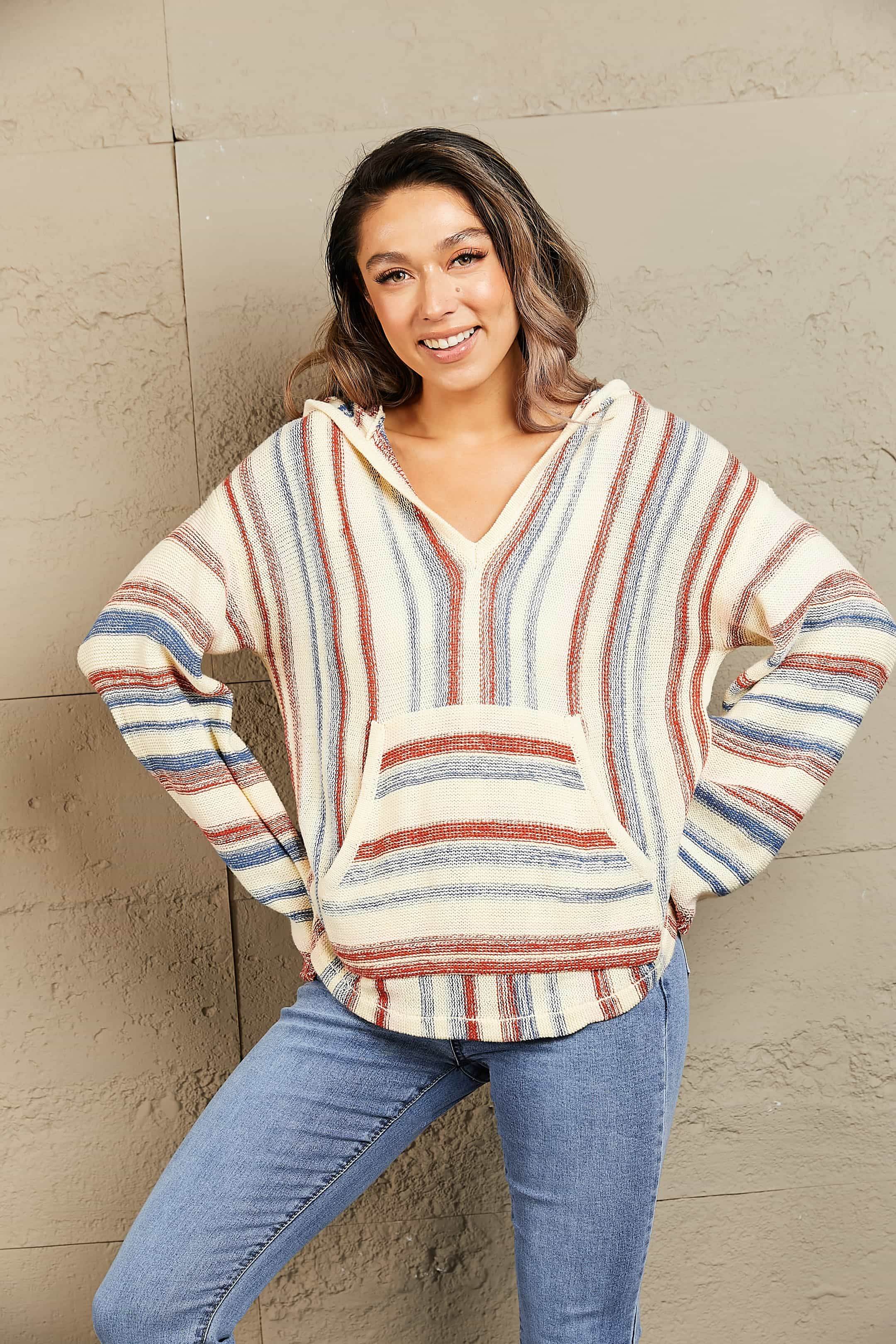 Striped Hooded Sweater with Kangaroo Pocket - Delanoir
