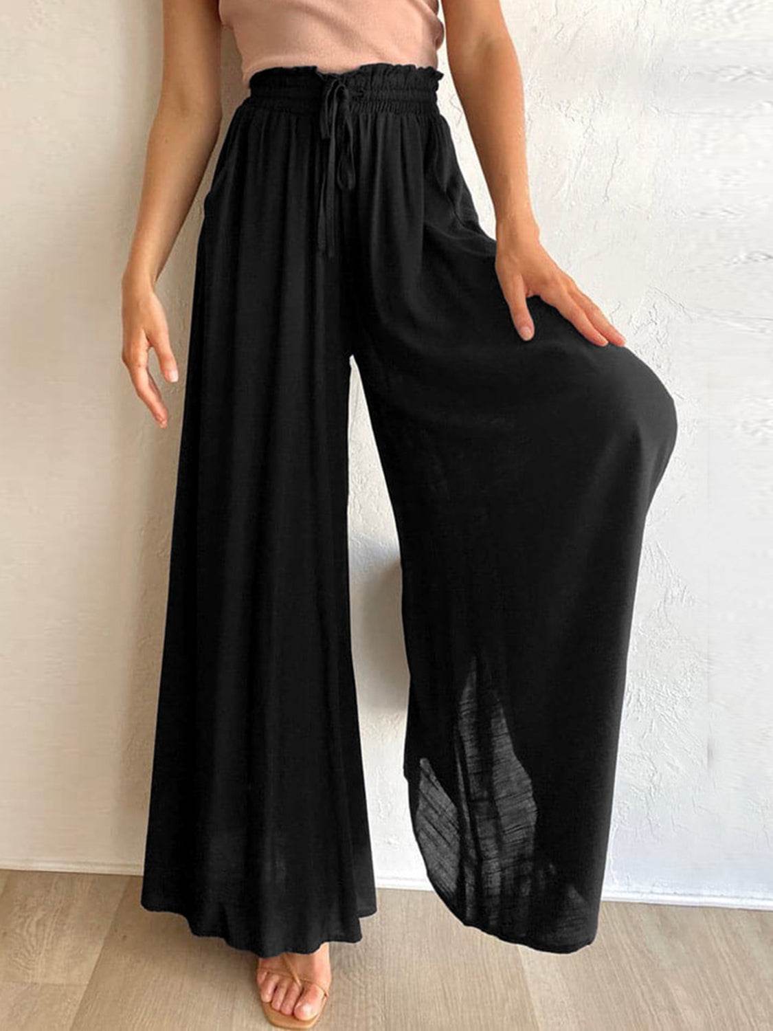 Drawstring Wide Leg Pants with Pockets - Delanoir