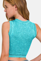 Zenana Washed Ribbed Seamless Crop Tank with Bra Pad - Delanoir