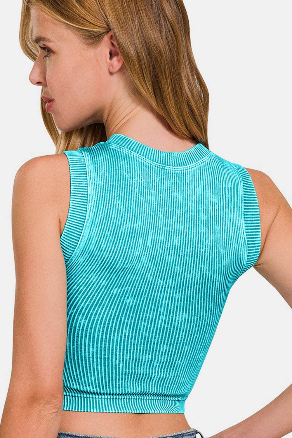 Zenana Washed Ribbed Seamless Crop Tank with Bra Pad - Delanoir