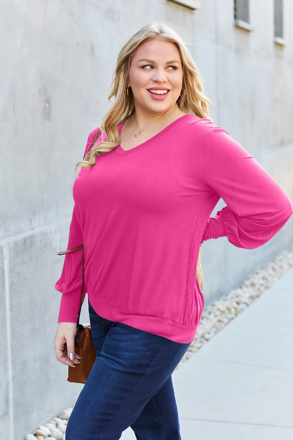 Basic Bae Full Size V-Neck Lantern Sleeve Top - Delanoir