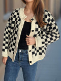Checkered Button Up Round Neck Cardigan - Delanoir