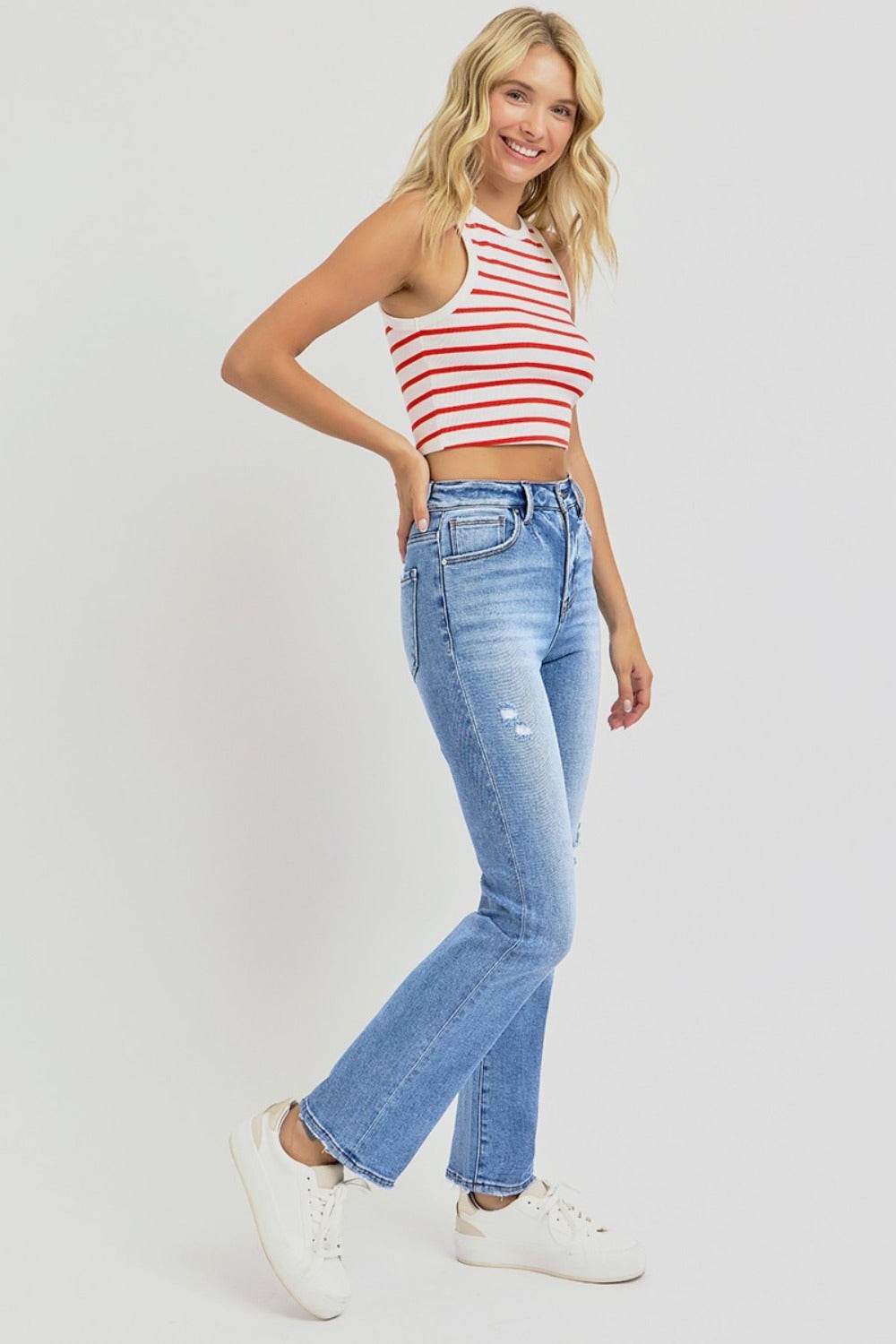 RISEN Full Size Distressed High-Rise Ankle Straight Jeans - Delanoir
