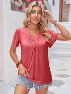 Double Take Ruched V-Neck Short Sleeve T-Shirt - Delanoir