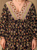 Plus Size Floral V-Neck Balloon Sleeve Dress - Delanoir
