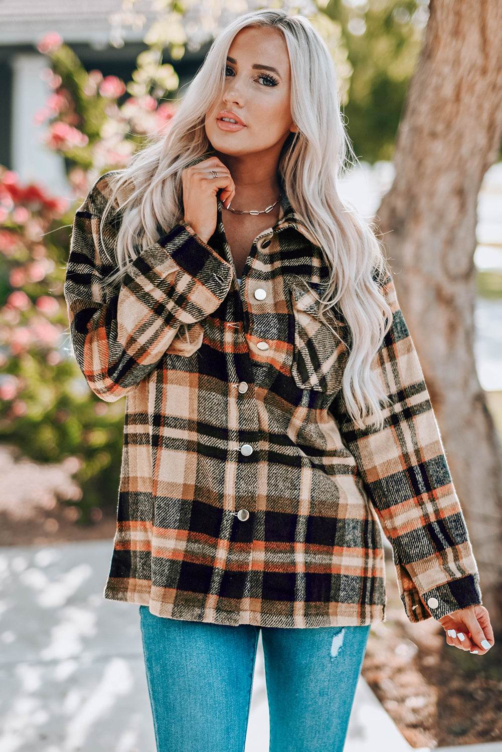 Plaid Button Front Shirt Jacket with Breast Pockets - Delanoir