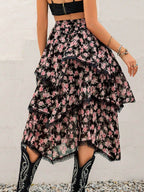 Lace Detail Layered Printed Skirt - Delanoir