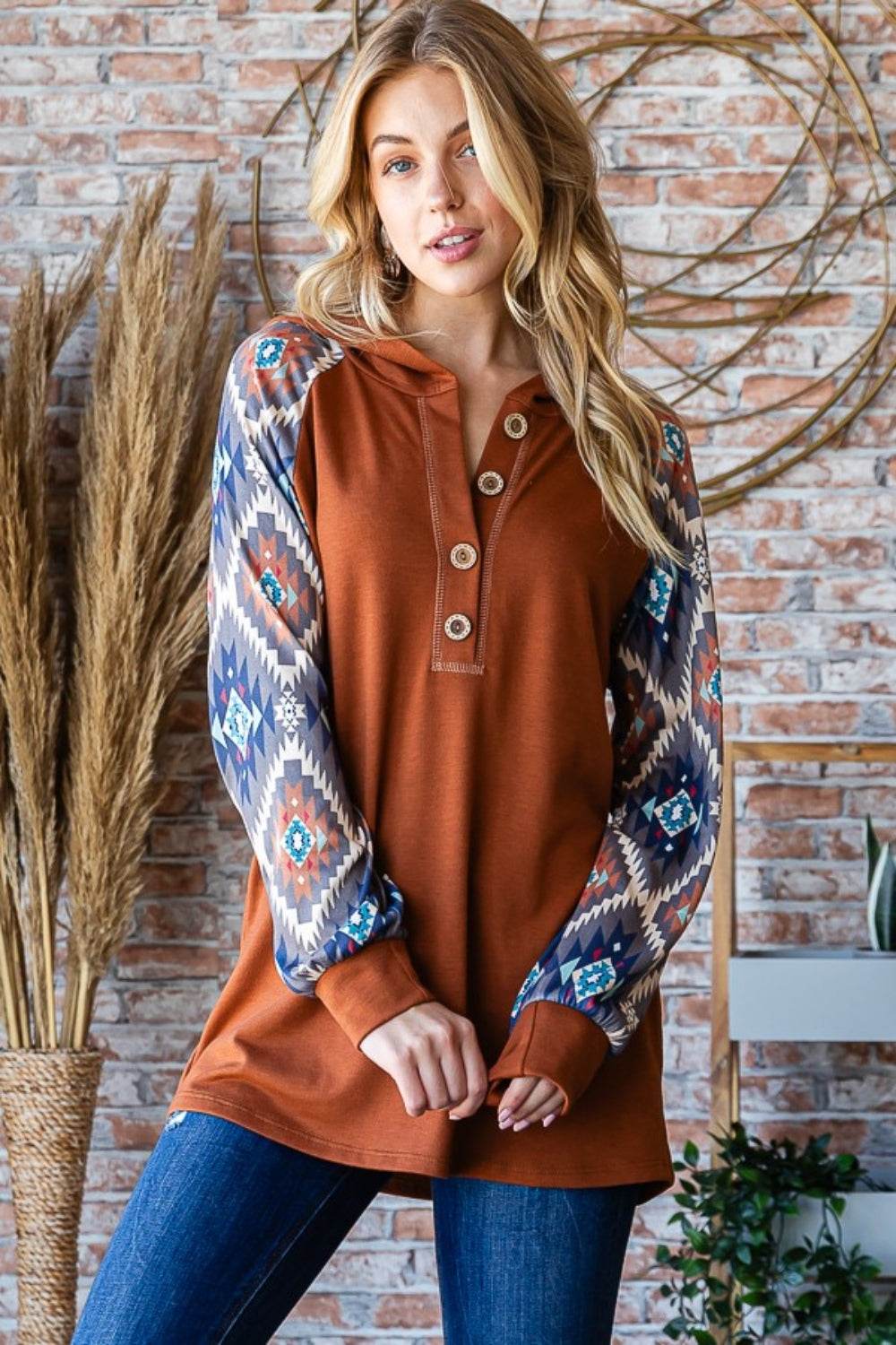 Heimish Full Size Half Button Printed Long Sleeve Hooded Top - Delanoir