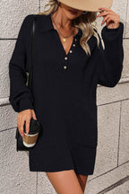 Collared Neck Long Sleeve Sweater Dress with Pockets - Delanoir