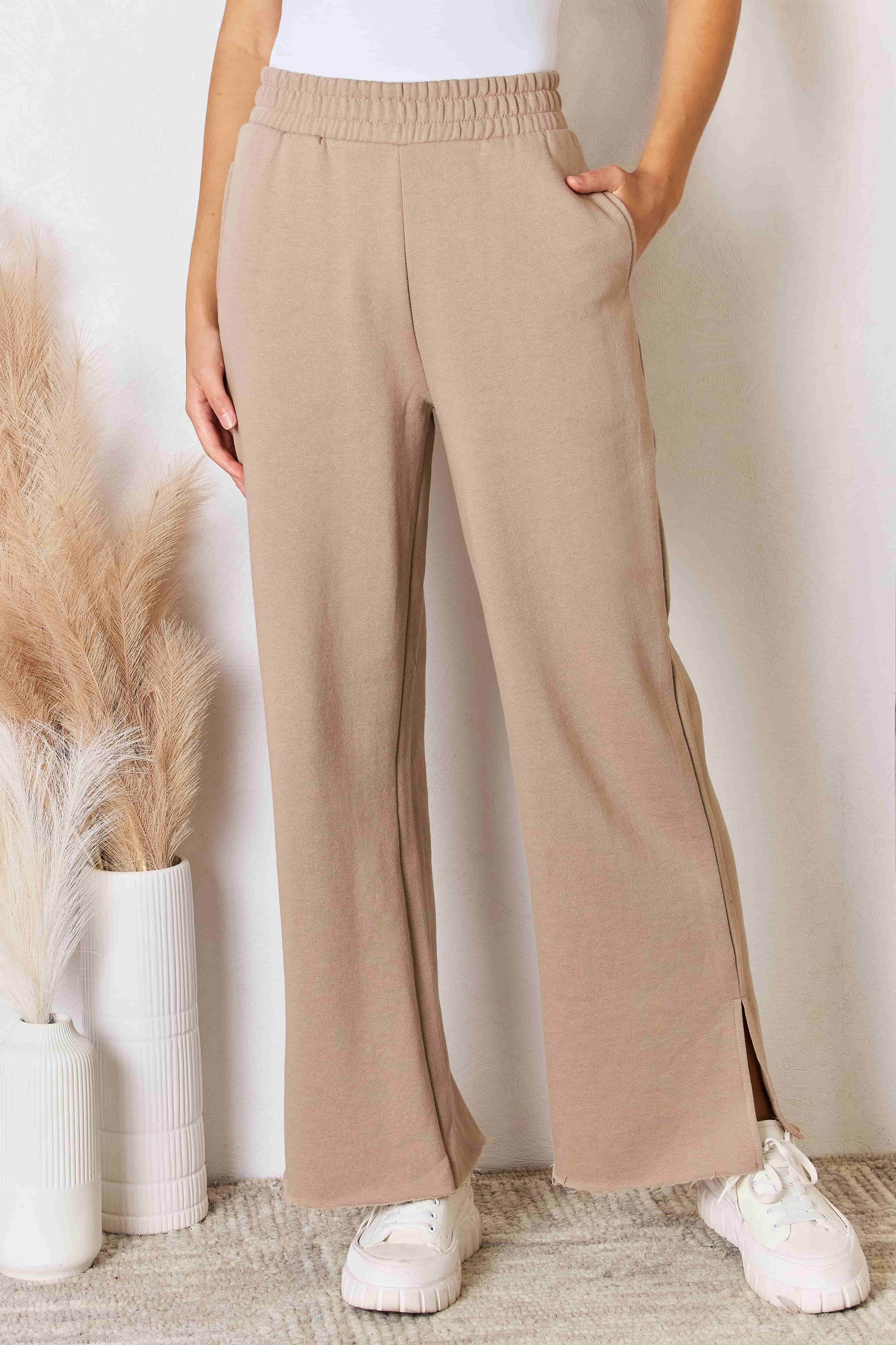 RISEN Wide Waistband Slit Wide Leg Pants - Delanoir