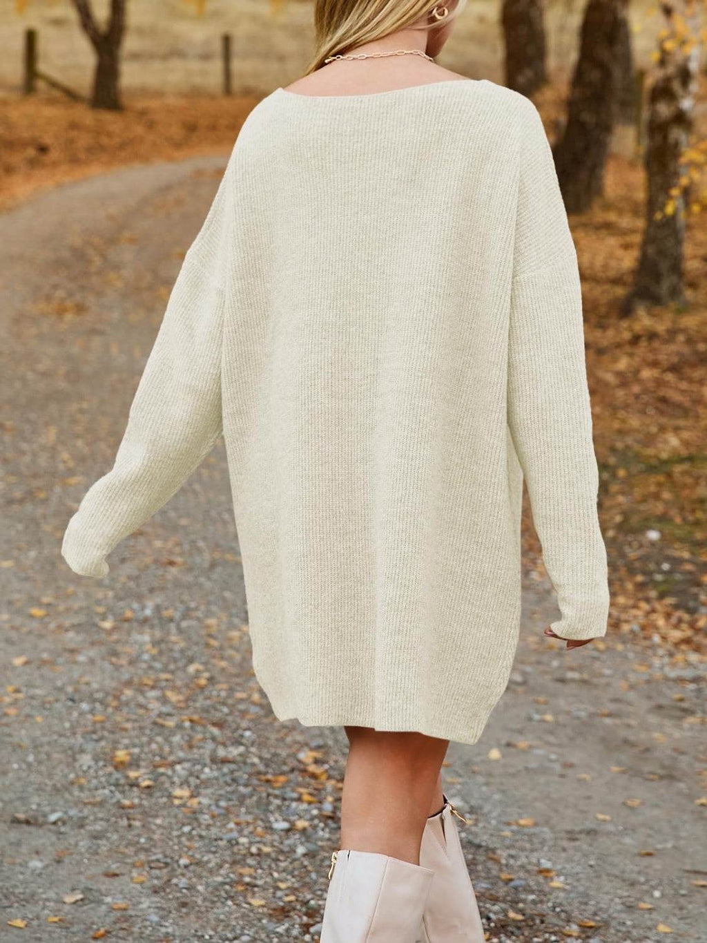 V-Neck Dropped Shoulder Sweater Dress - Delanoir