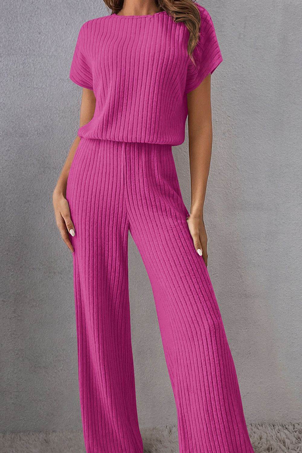 Round Neck Short Sleeve Jumpsuit - Delanoir