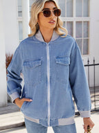 Pocketed Zip Up Baseball Collar Denim Jacket - Delanoir