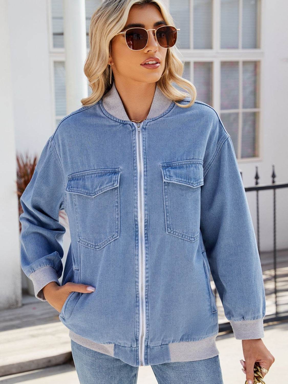 Pocketed Zip Up Baseball Collar Denim Jacket - Delanoir