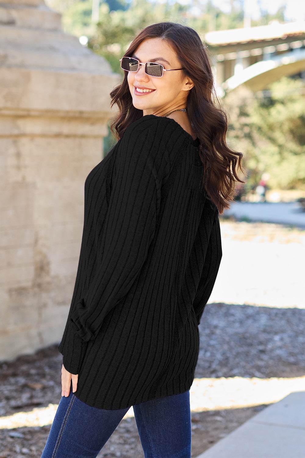 Basic Bae Full Size Ribbed Round Neck Long Sleeve Knit Top - Delanoir