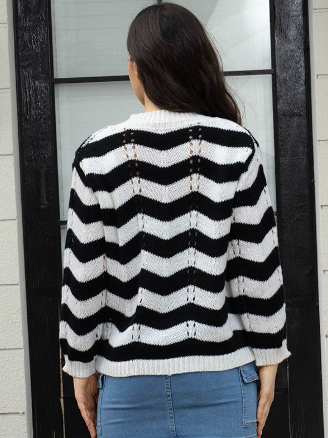Openwork Striped V-Neck Sweater - Delanoir