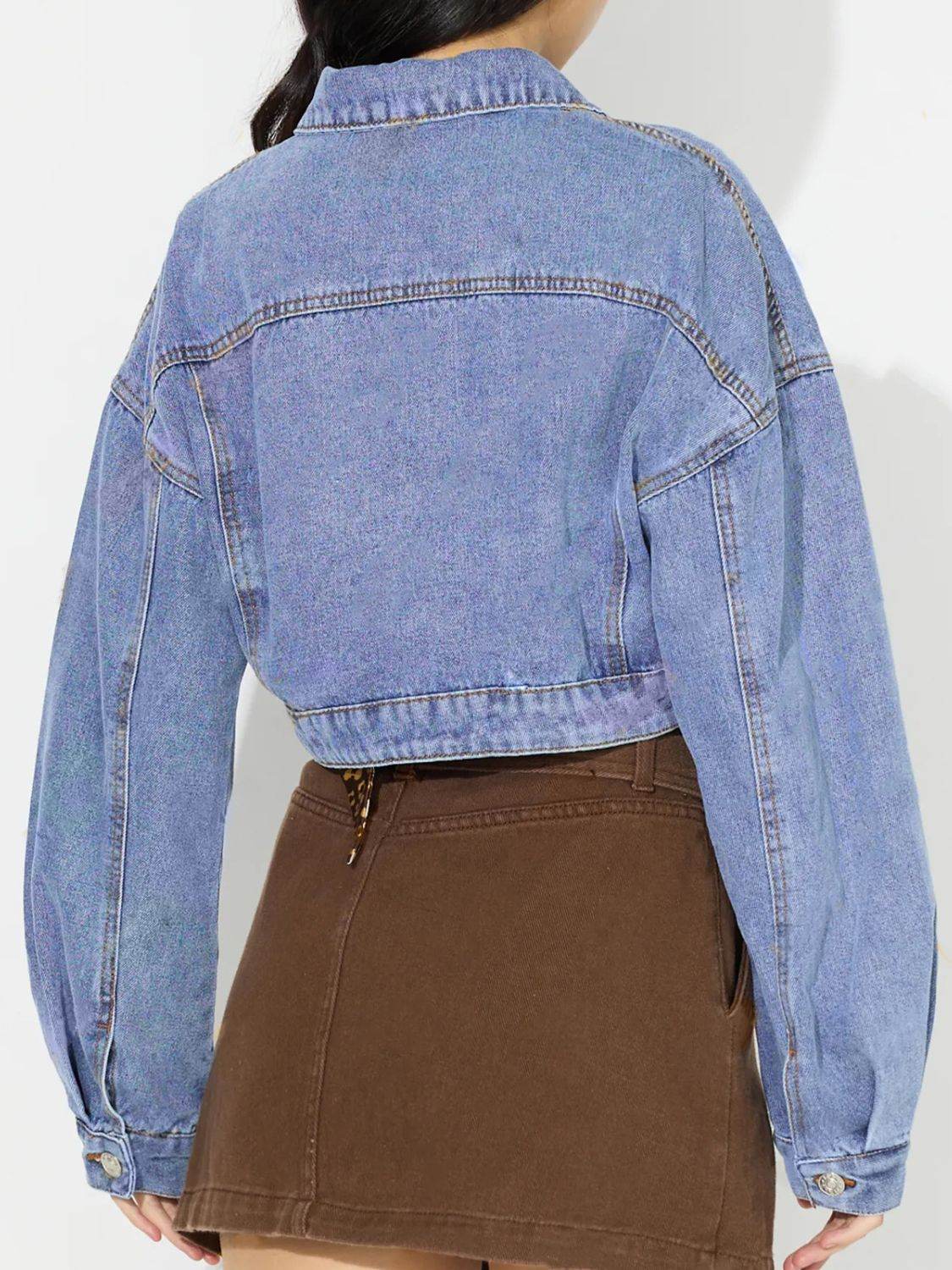 Collared Neck Dropped Shoulder Cropped Denim Top - Delanoir