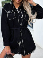 Studded Snap Down Long Sleeve Denim Shacket - Delanoir