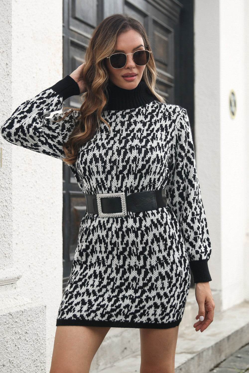 Heathered Turtleneck Mini Sweater Dress - Delanoir