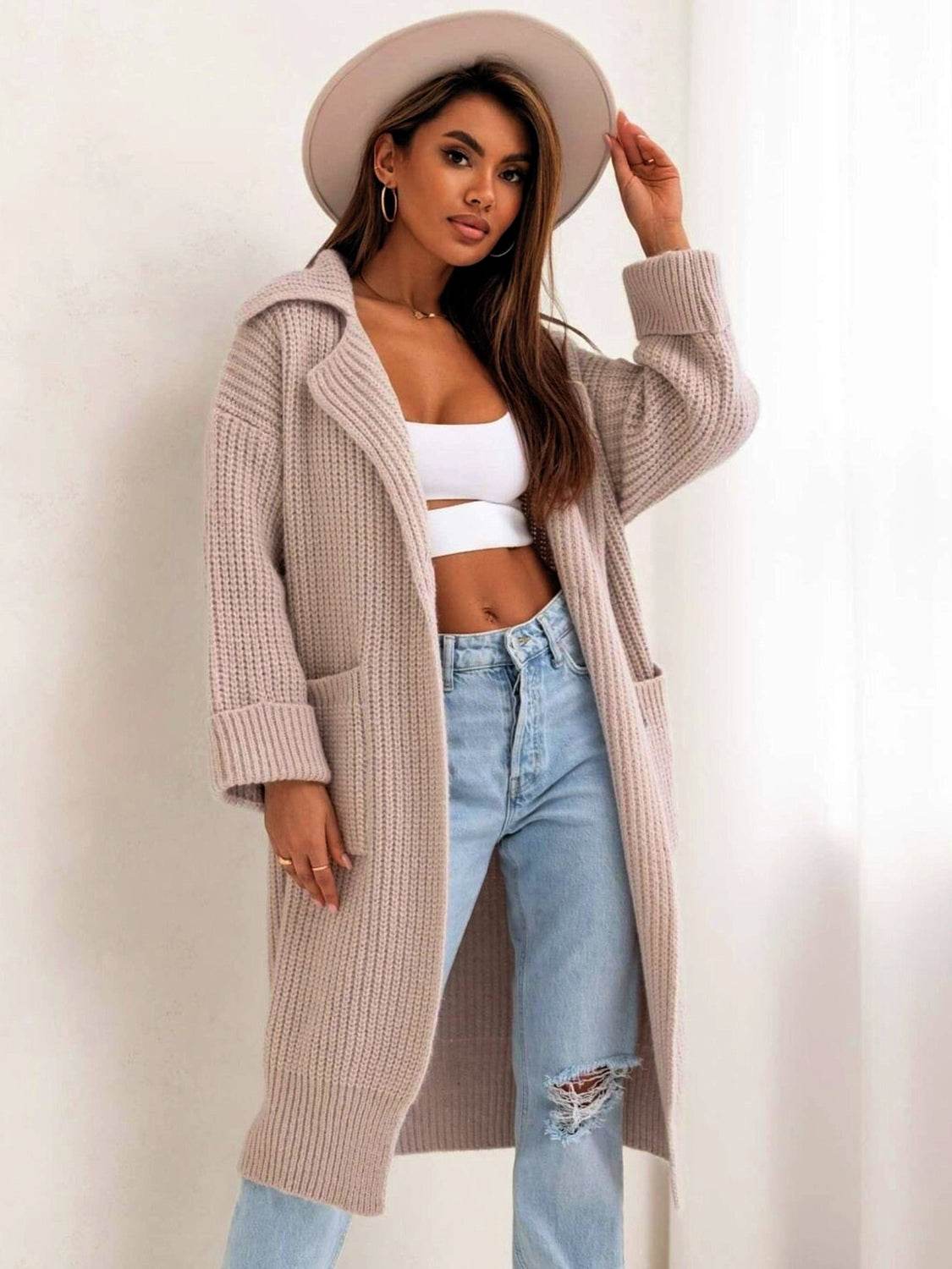Pocketed Collared Neck Dropped Shoulder Cardigan - Delanoir