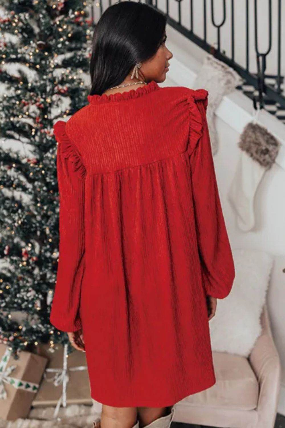 Frill Notched Long Sleeve Dress - Delanoir