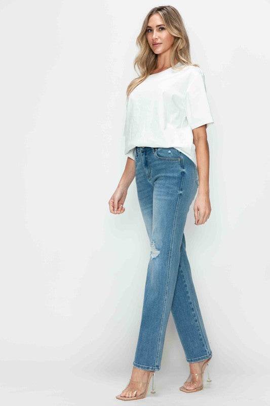 bytos Full Size Distressed High Rise Straight Jeans - Delanoir