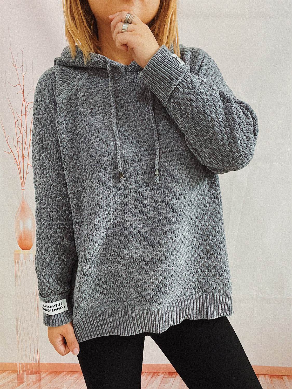 Drawstring Long Sleeve Hooded Sweater - Delanoir