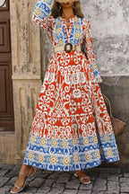 Printed Notched Long Sleeve Maxi Dress - Delanoir